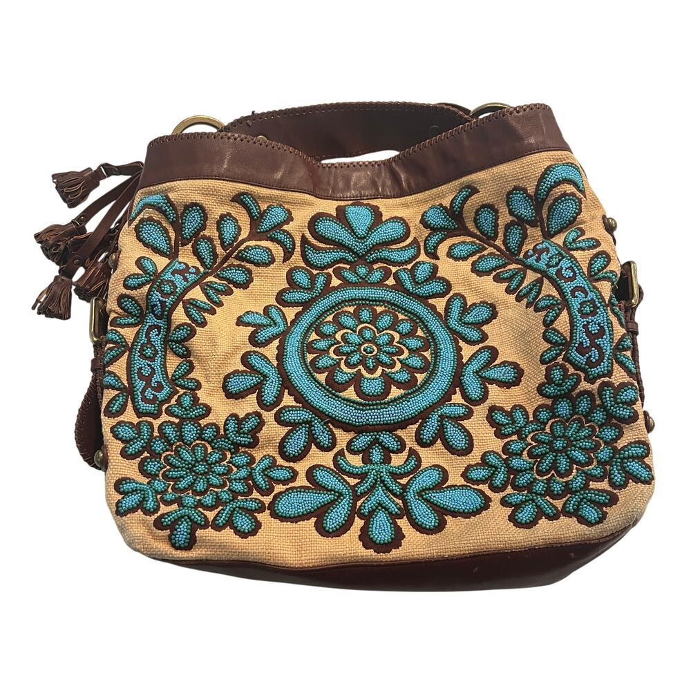 M1-87 ISABELLA FIORE Oh Suzani Nikki Women's Vintage Beaded Tote Bag Turquoise